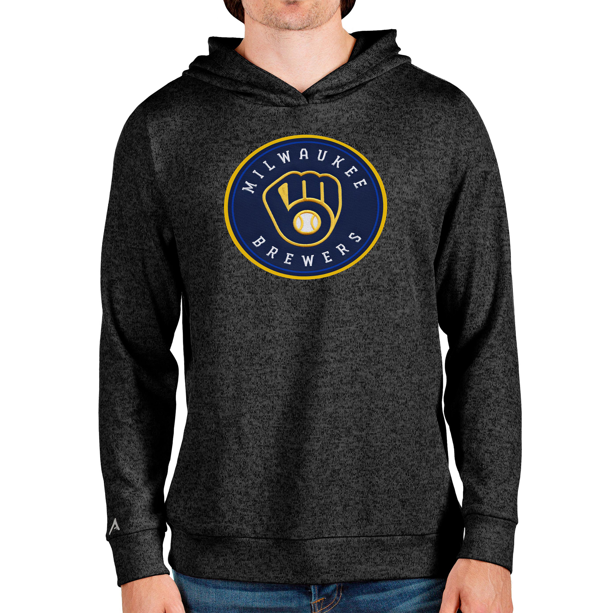 Men's Antigua Heathered Black Milwaukee Brewers Team Logo Absolute Pullover Hoodie