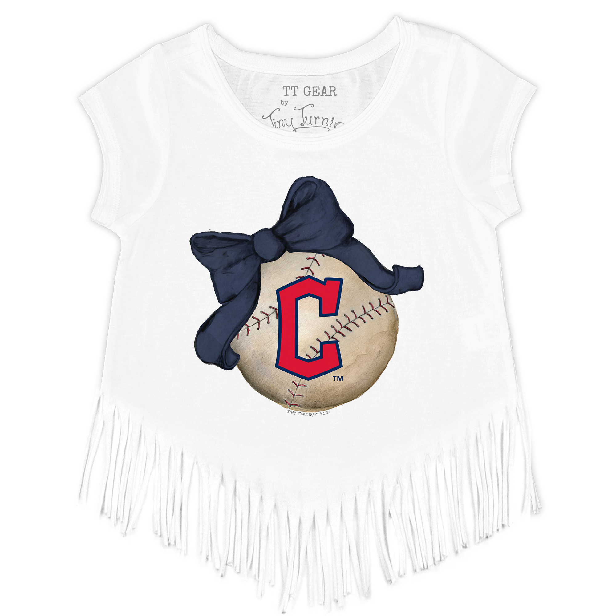 Girls Youth Tiny Turnip White Cleveland Guardians Baseball Bow Fringe T-Shirt