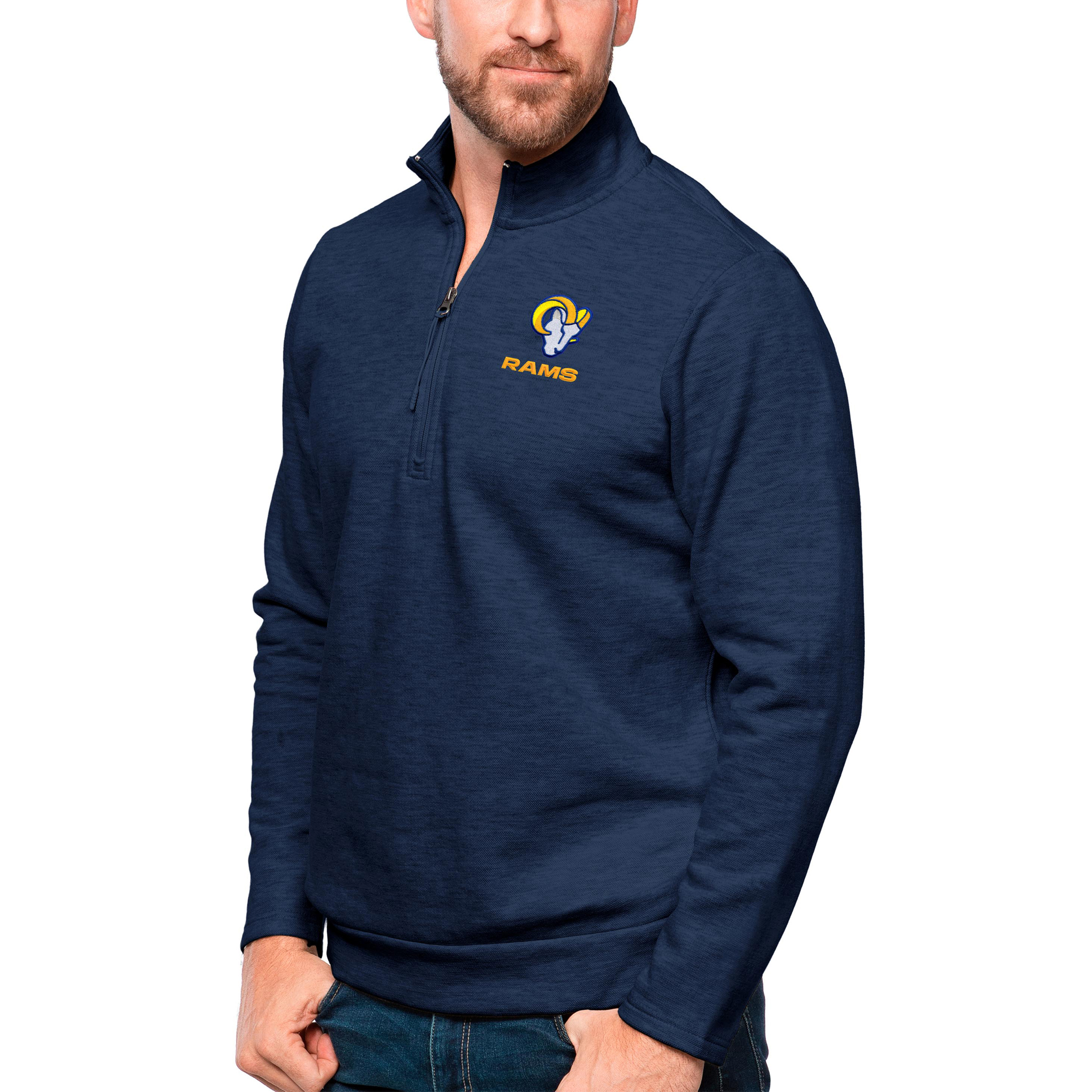 Men's Antigua Heathered Navy Los Angeles Rams Gambit Quarter-Zip Pullover Top