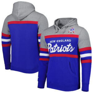 Men's Mitchell & Ness Royal/Heathered Gray New England Patriots Head Coach Pullover Hoodie