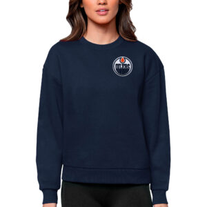 Women's Antigua Navy Edmonton Oilers Primary Logo Victory Crewneck Pullover Sweatshirt