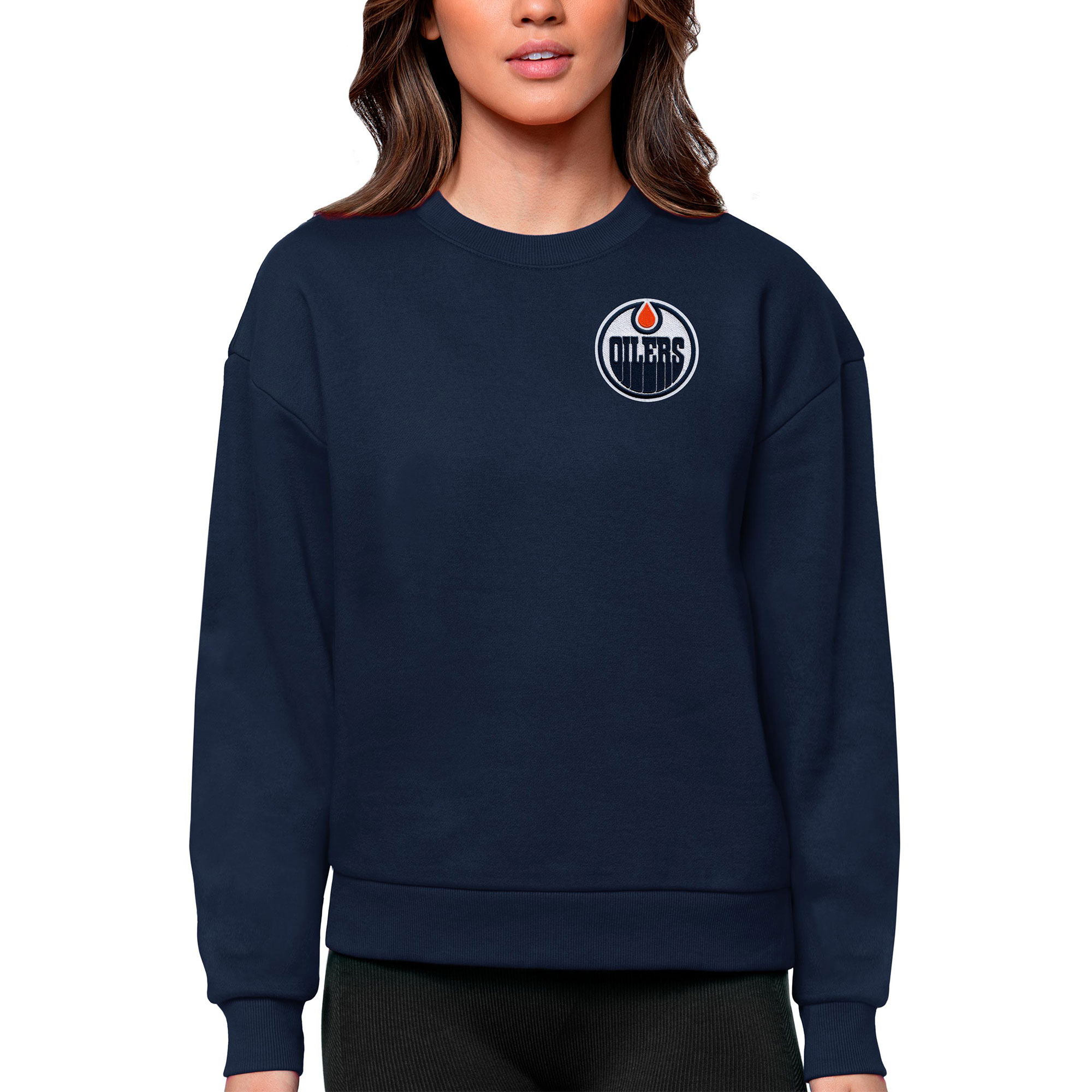 Women's Antigua Navy Edmonton Oilers Primary Logo Victory Crewneck Pullover Sweatshirt