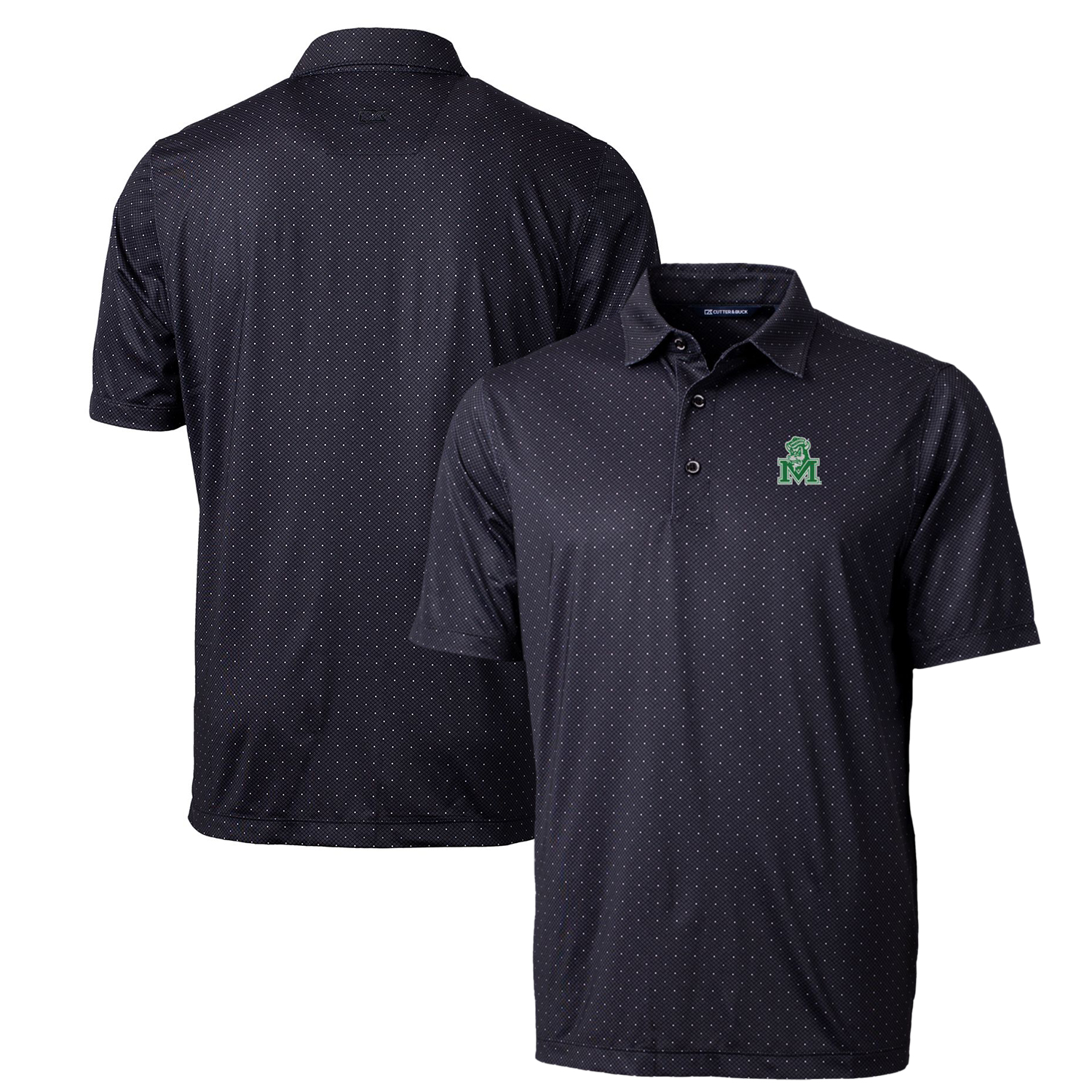Men's Cutter & Buck Black Marshall Thundering Herd Primary Team Logo Pike Double Dot Print Stretch Polo
