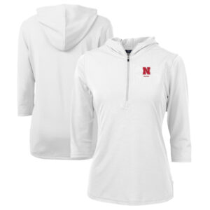 Women's Cutter & Buck  White Nebraska Huskers Alumni DryTec Virtue Eco Pique Recycled Half-Zip Pullover Hoodie