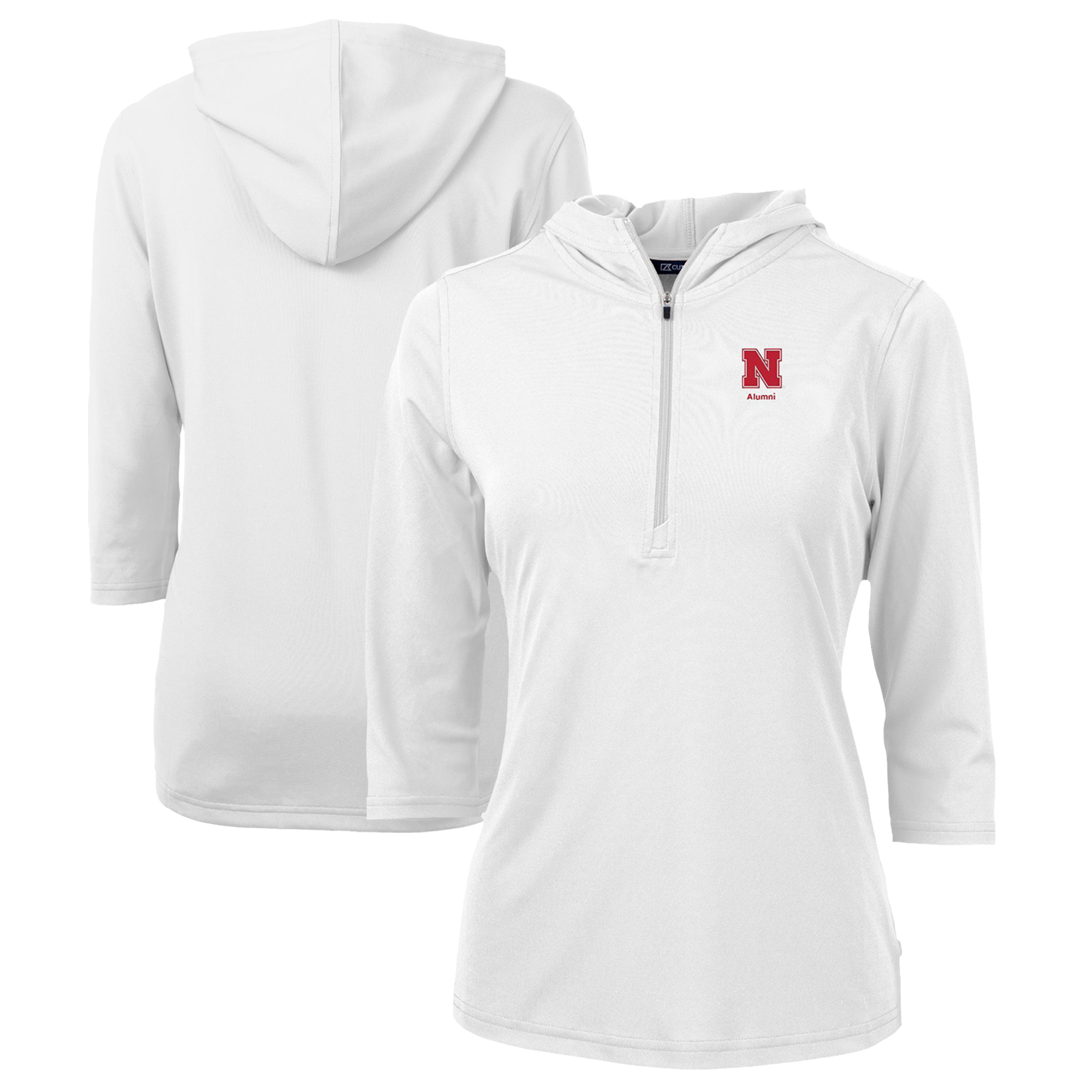Women's Cutter & Buck White Nebraska Huskers Alumni DryTec Virtue Eco Pique Recycled Half-Zip Pullover Hoodie
