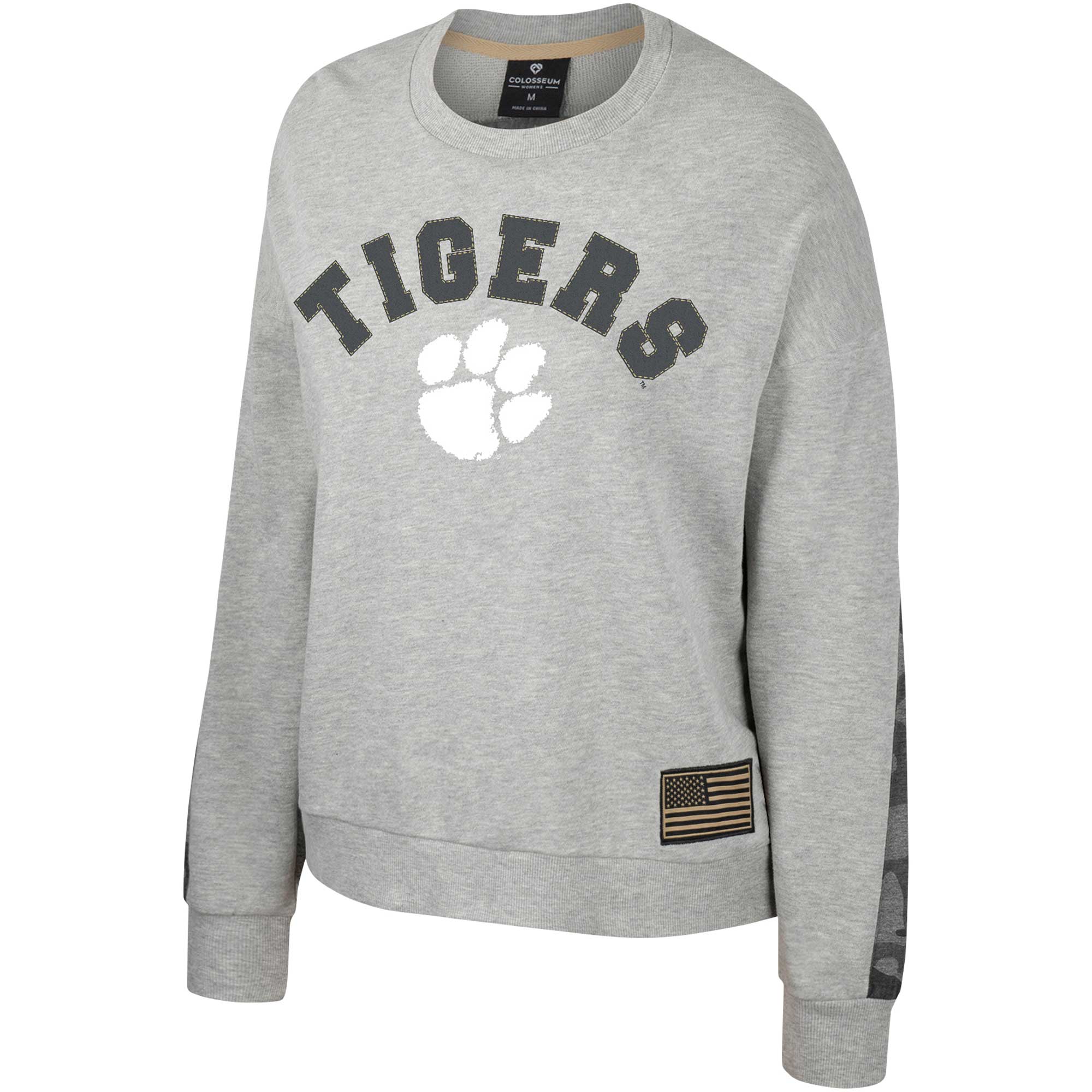 Women's Colosseum Heather Gray Clemson Tigers OHT Military Appreciation Flag Rank Dolman Pullover Sweatshirt - Image 7