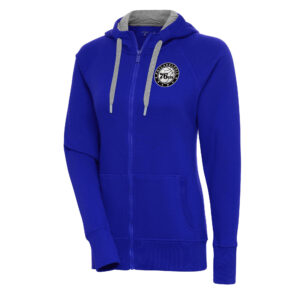Women's Antigua  Royal Philadelphia 76ers Metallic Logo Victory Full-Zip Hoodie