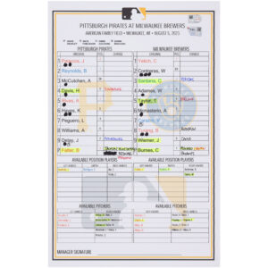 Pittsburgh Pirates Game-Used Lineup Card vs. Milwaukee Brewers on August 5, 2023