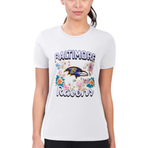 Women's G-III 4Her by Carl Banks White Baltimore Ravens Flowers Team Logo Graphic Fitted T-Shirt