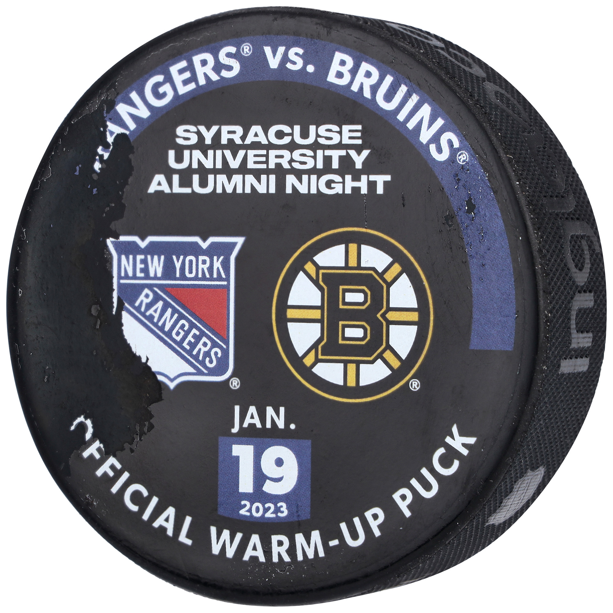 New York Rangers Practice-Used Puck Used During Warmups vs. Boston Bruins on January 19, 2023