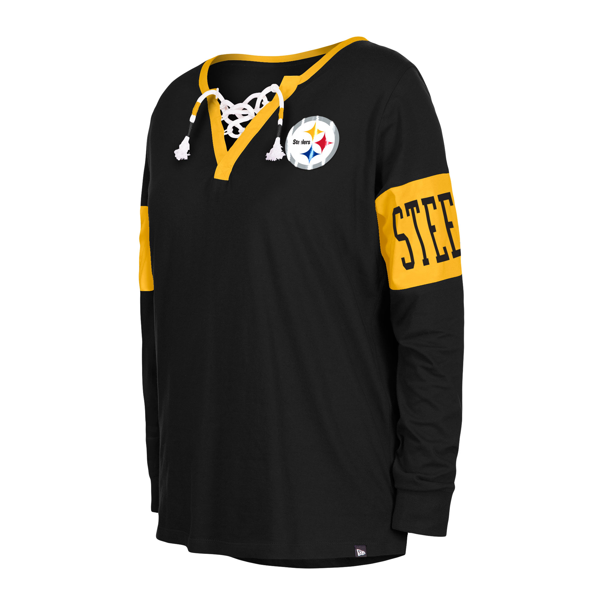 Women's New Era Black Pittsburgh Steelers Lace-Up Notch Neck Long Sleeve T-Shirt - Image 6