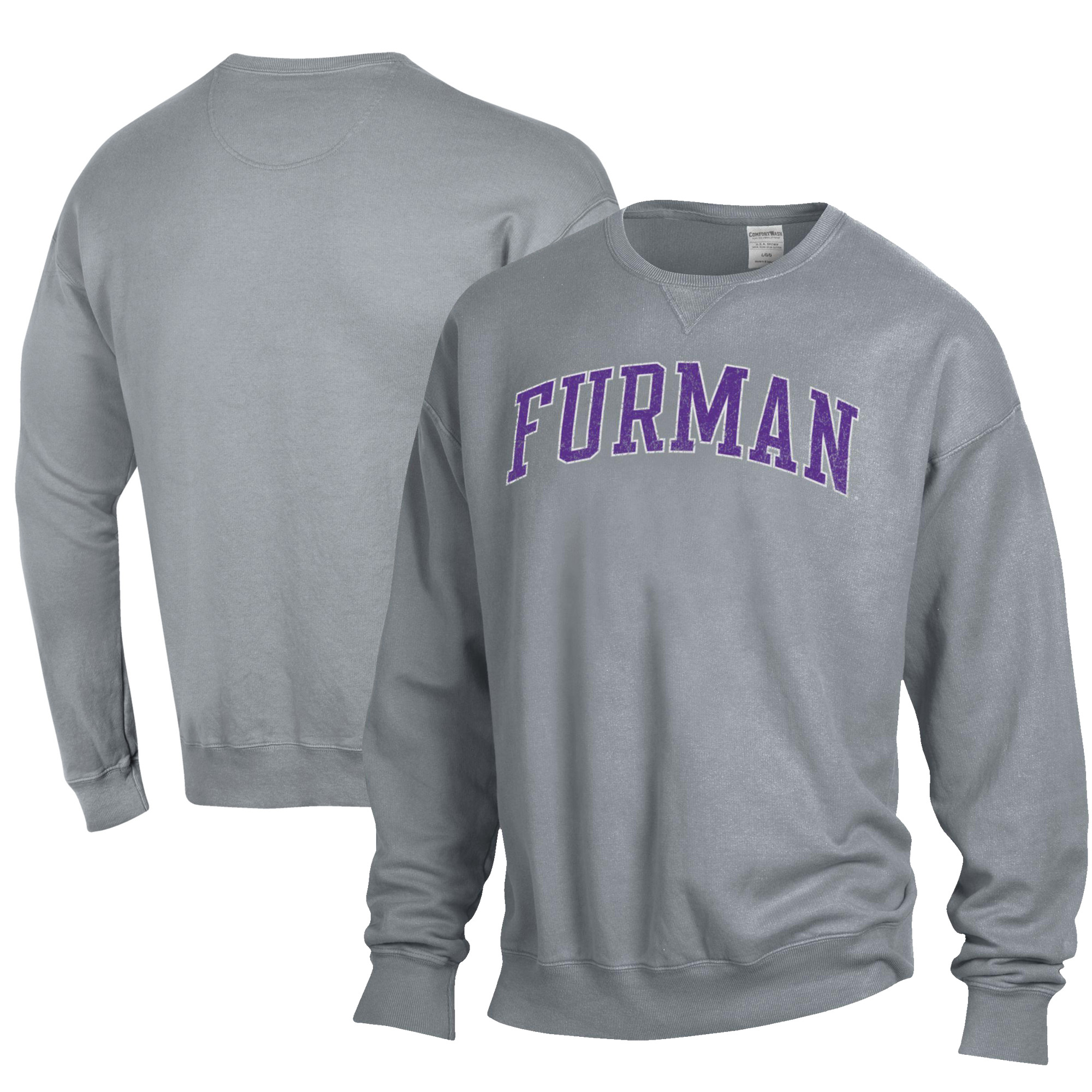 Men's ComfortWash Gray Furman Paladins Garment Dyed Fleece Crewneck Pullover Sweatshirt