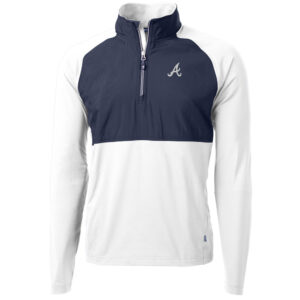 Men's Cutter & Buck White/Navy Atlanta Braves Adapt Eco Knit Hybrid Recycled Quarter-Zip Pullover Jacket