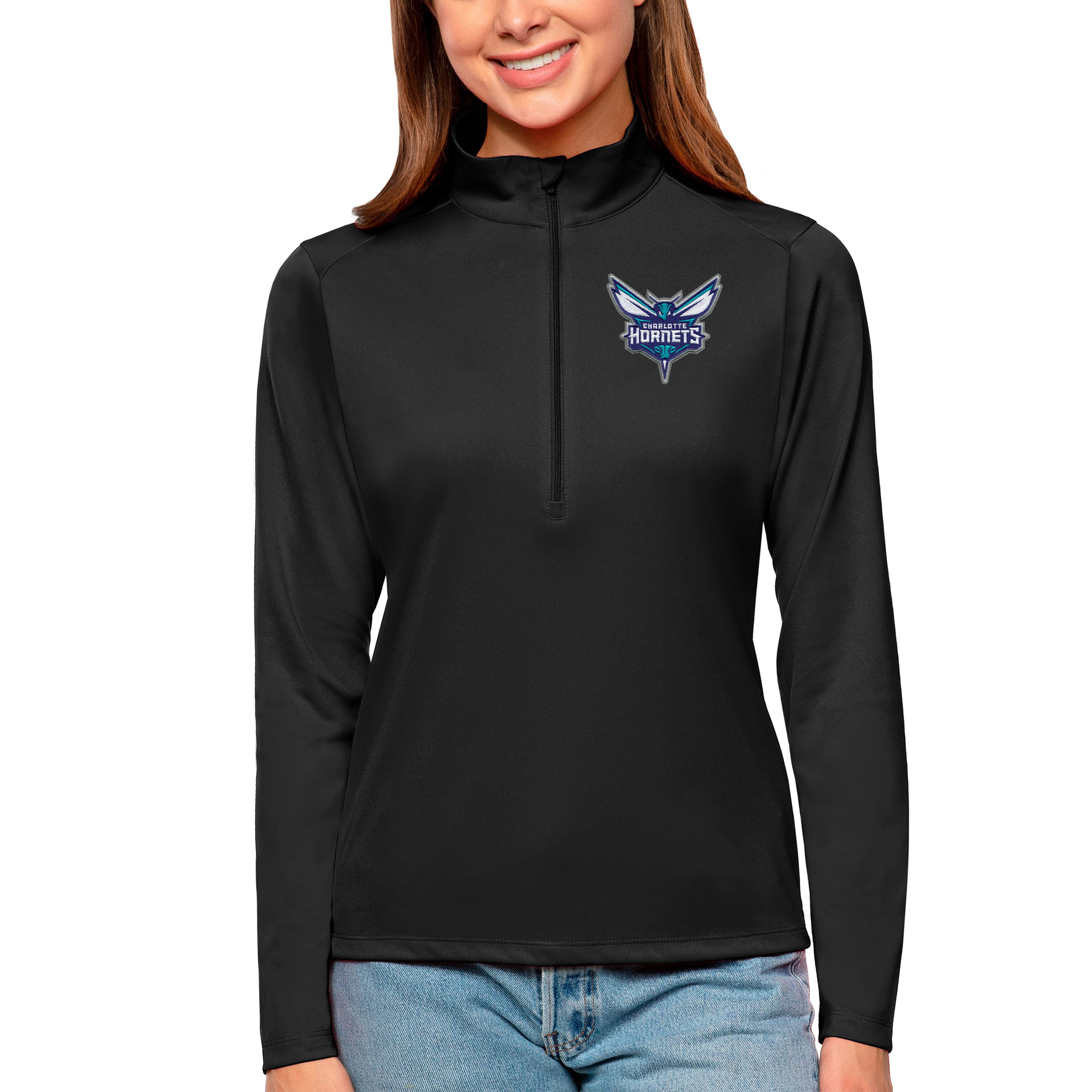 Women's Antigua Black Charlotte Hornets Tribute Half-Zip Top
