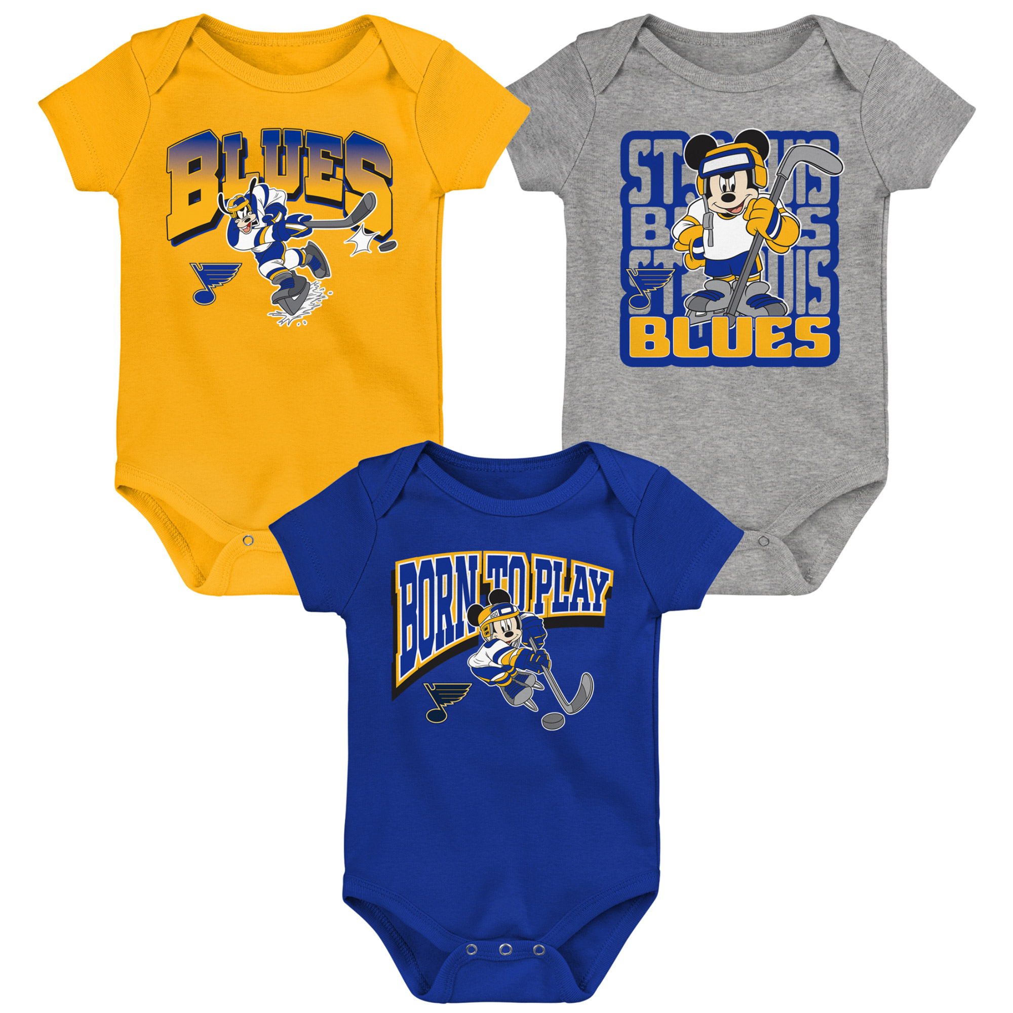 Infant Blue/Gold/Heather Gray St. Louis Blues Disney 3-Piece Bodysuit Set - Image 2