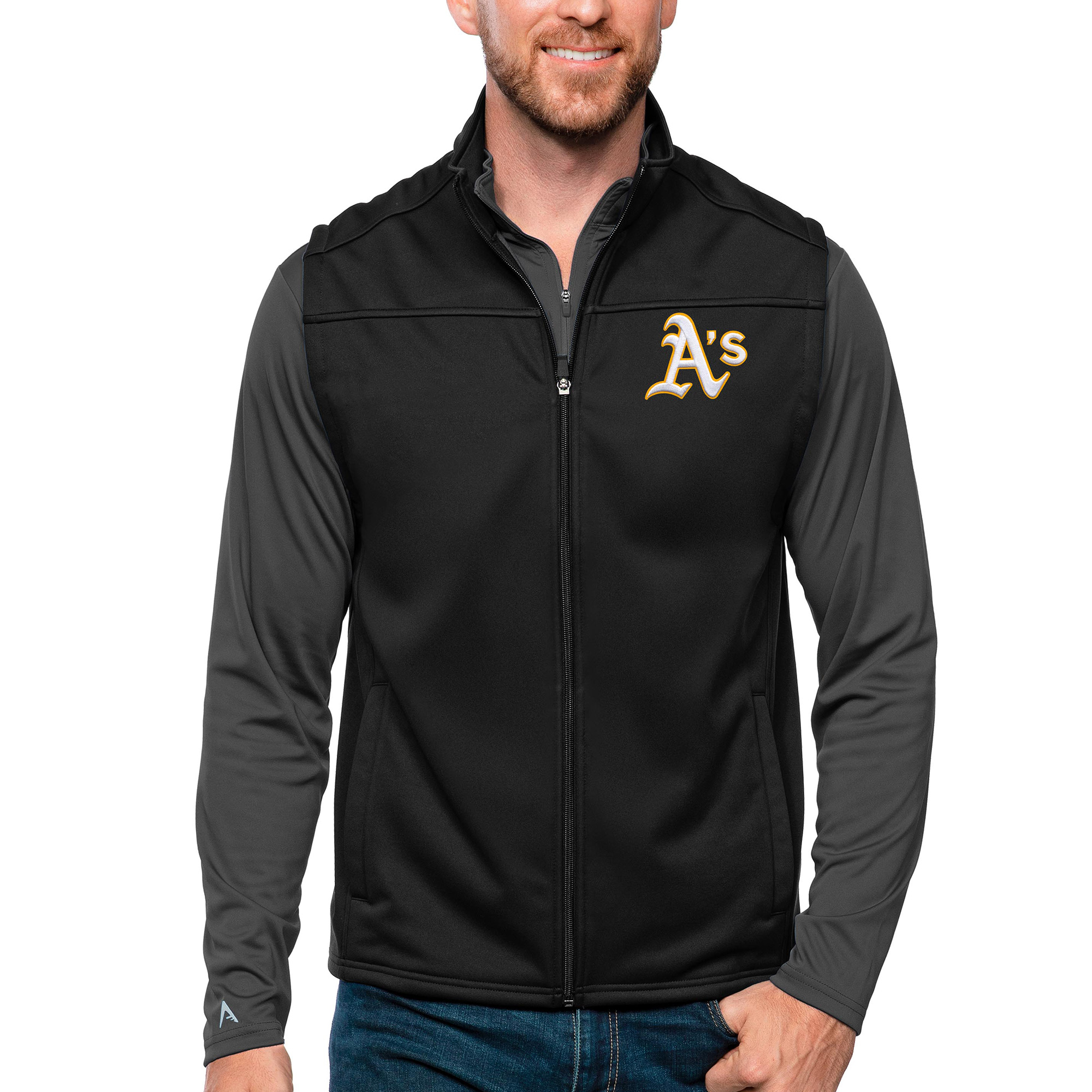 Men's Antigua Black Oakland Athletics Links Full-Zip Golf Vest
