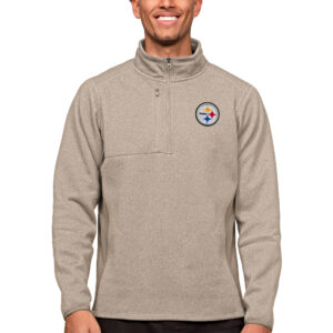 Men's Antigua Oatmeal Pittsburgh Steelers Course Quarter-Zip Pullover Top