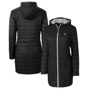 Women's Cutter & Buck Black New Orleans Saints Rainier Primaloft Eco Hooded Long Lightweight Coat