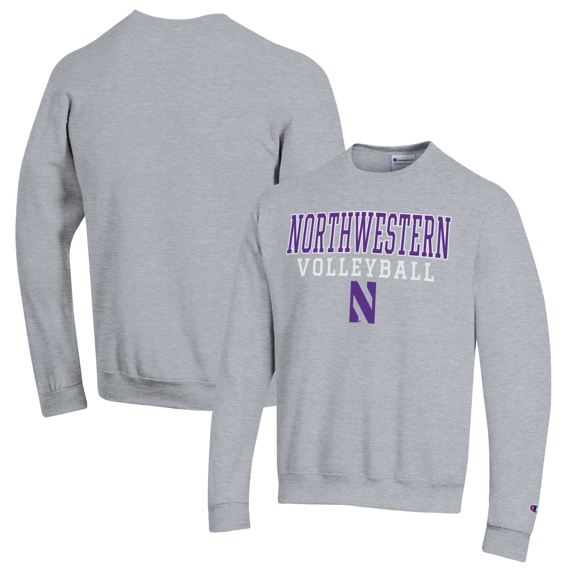 Men's Champion Heather Gray Northwestern Wildcats Stack Logo Volleyball Powerblend Pullover Sweatshirt - Image 2