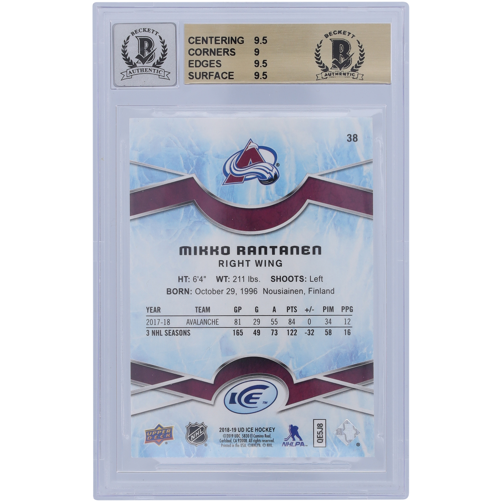 Mikko Rantanen Colorado Avalanche Autographed 2018-19 Upper Deck Ice #38 Beckett Fanatics Witnessed Authenticated 9.5/10 Card - 9.5/9/9.5/9.5 Subgrades - Image 5