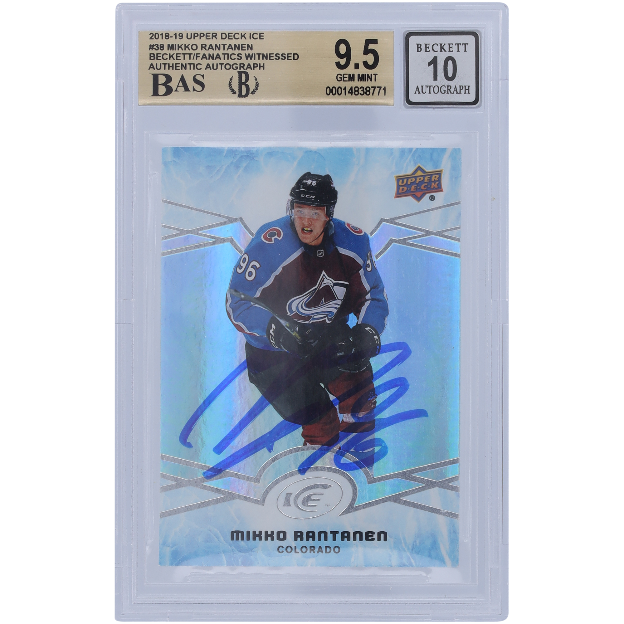 Mikko Rantanen Colorado Avalanche Autographed 2018-19 Upper Deck Ice #38 Beckett Fanatics Witnessed Authenticated 9.5/10 Card - 9.5/9/9.5/9.5 Subgrades