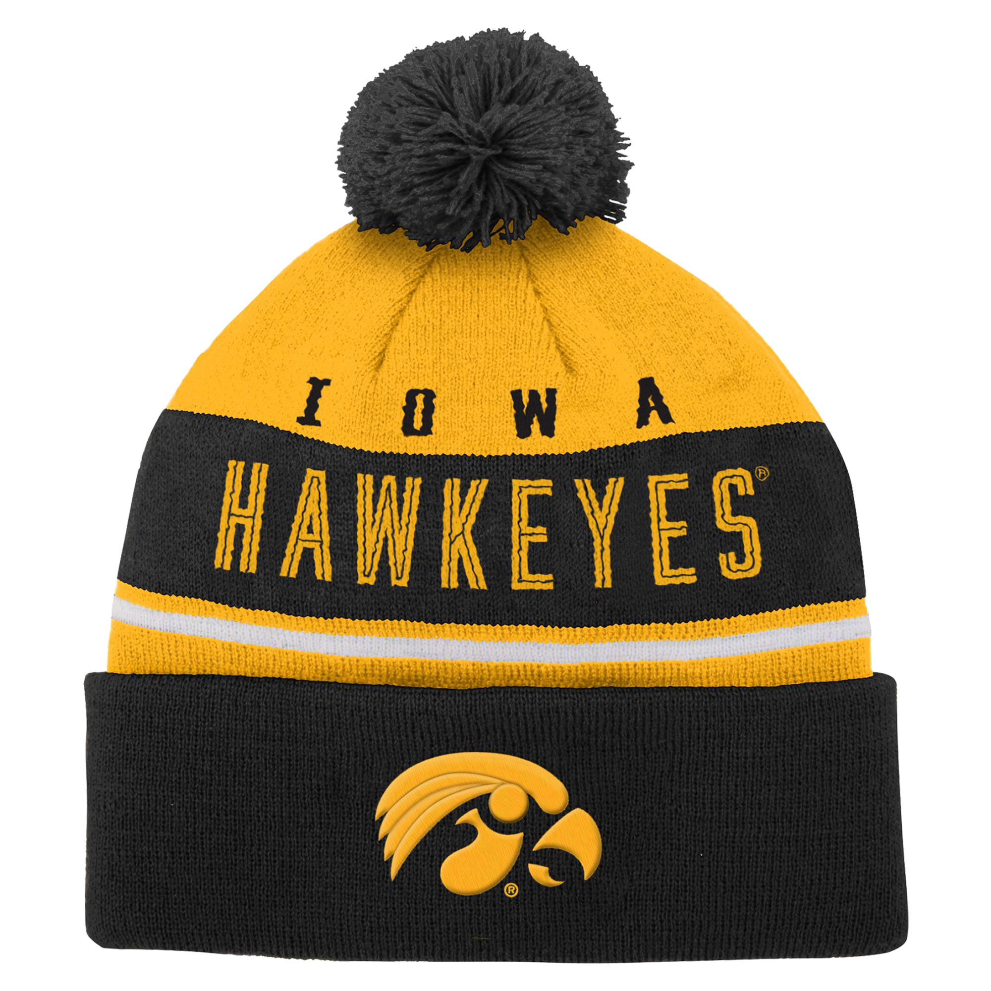 Youth Black Iowa Hawkeyes Redzone Jacquard Cuffed Knit Hat with Pom - Image 2