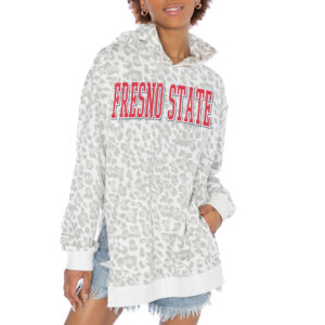 Women's Gameday Couture White Fresno State Bulldogs Home Team Advantage Leopard Print Oversized Side-Slit Pullover Hoodie