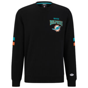 Men's BOSS X NFL  Black/Aqua Miami Dolphins Drive Crew Neck Pullover Sweatshirt