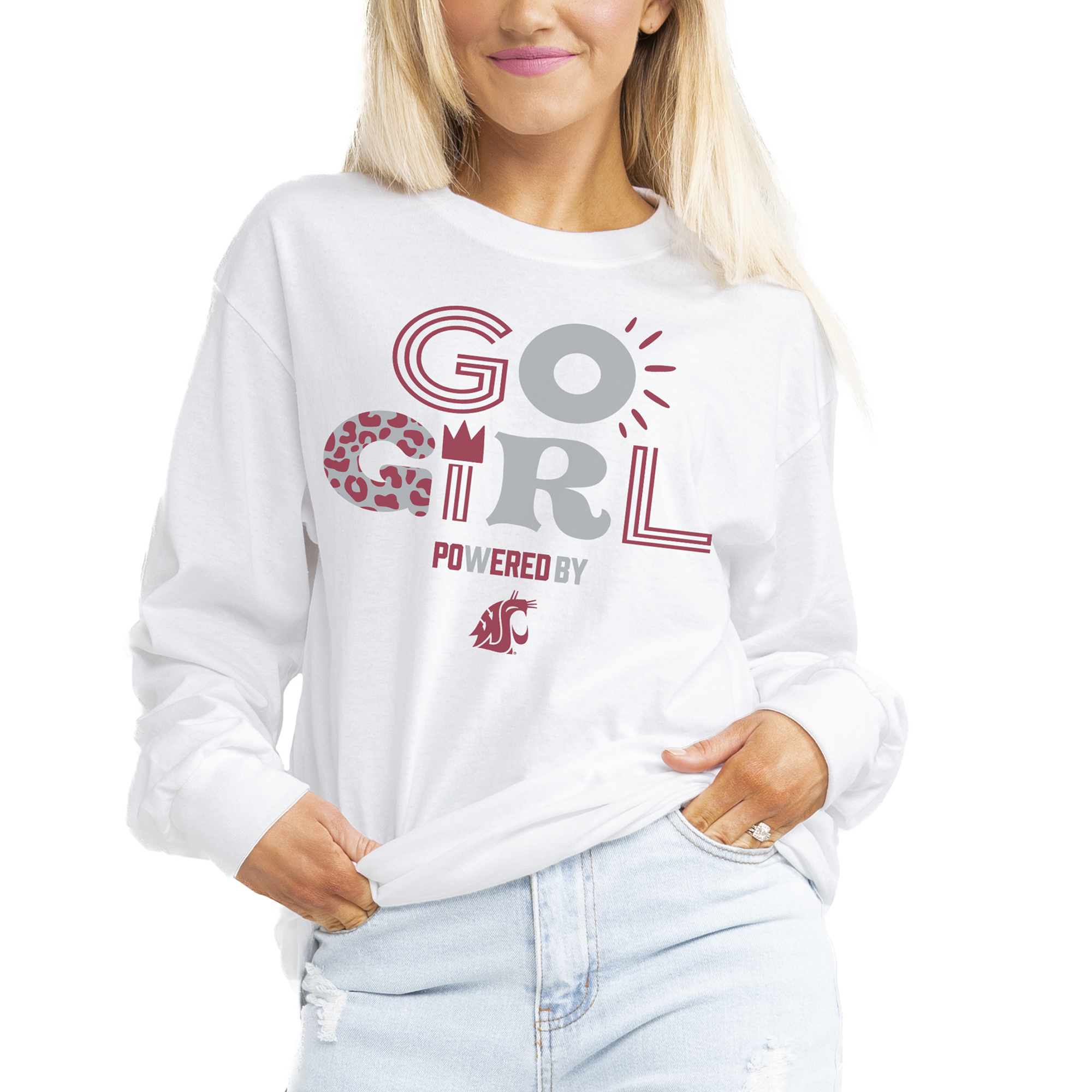 Women's Gameday Couture White Washington State Cougars PoweredBy Go Girl Boyfriend Fit Long Sleeve T-Shirt