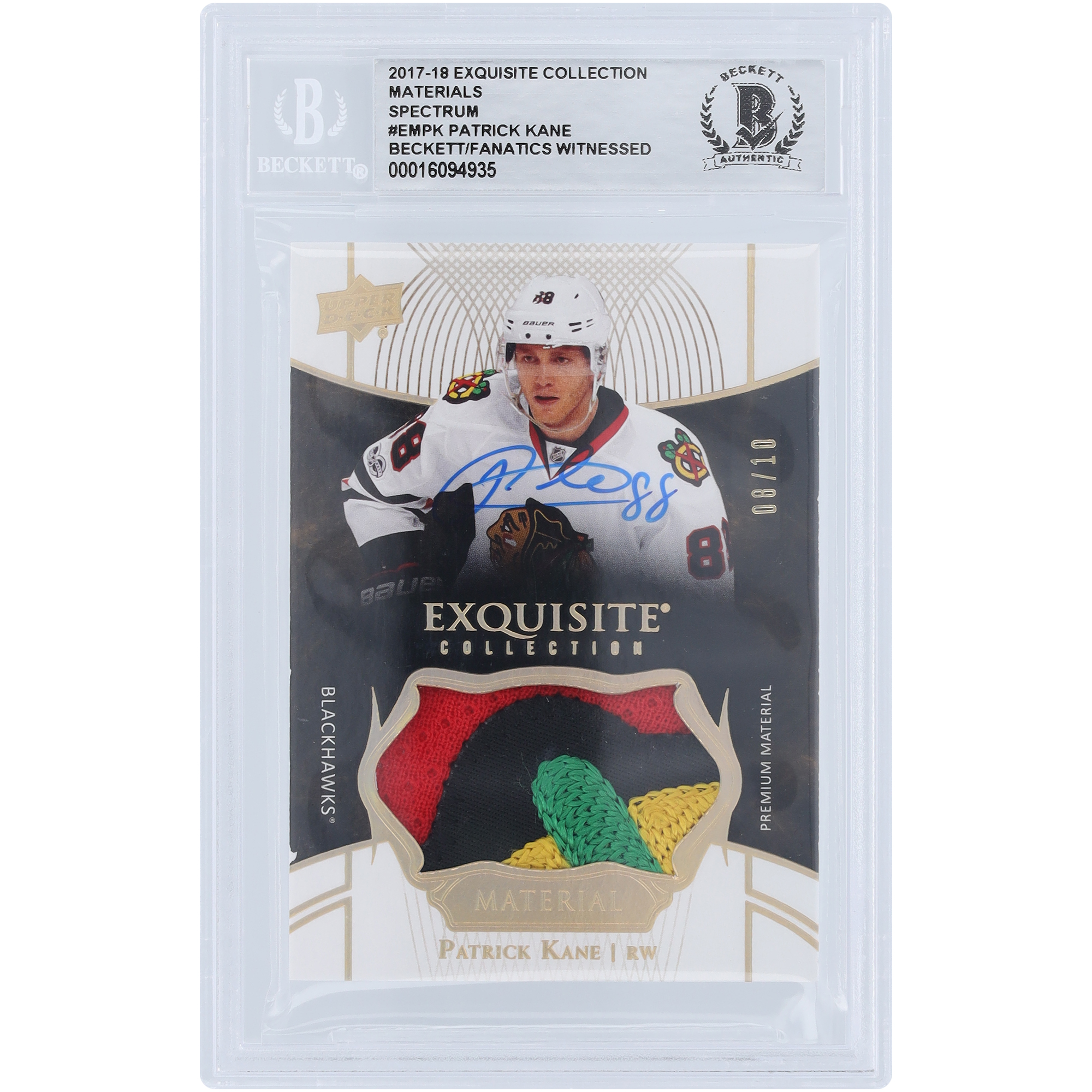 Patrick Kane Chicago Blackhawks Autographed 2017-18 Upper Deck Exquisite Collection Materials Relic #EM-PK #8/10 Beckett Fanatics Witnessed Authenticated Card