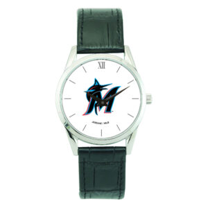 Men's  Black Miami Marlins Stainless Steel Watch with Leather Band