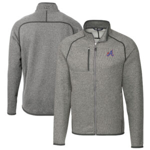 Men's Cutter & Buck Heather Gray Atlanta Braves City Connect Mainsail Sweater-Knit Full-Zip Jacket