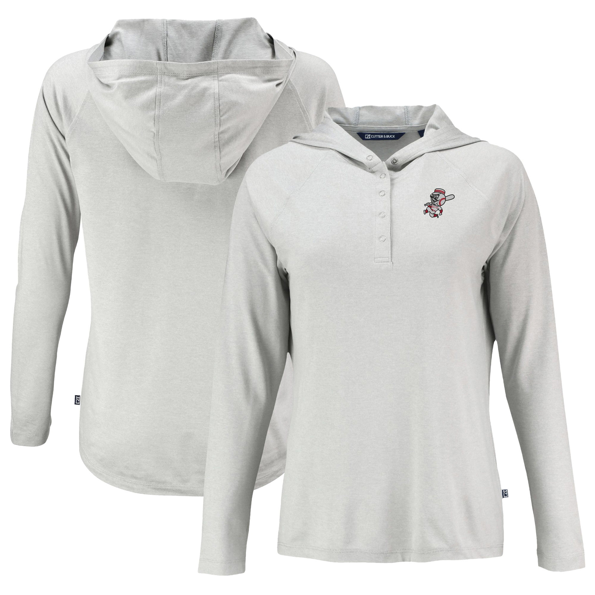 Women's Cutter & Buck Gray Cincinnati Reds Cooperstown Collection Coastline Epic Comfort Eco Recycled Hoodie Raglan Long Sleeve T-Shirt - Image 5