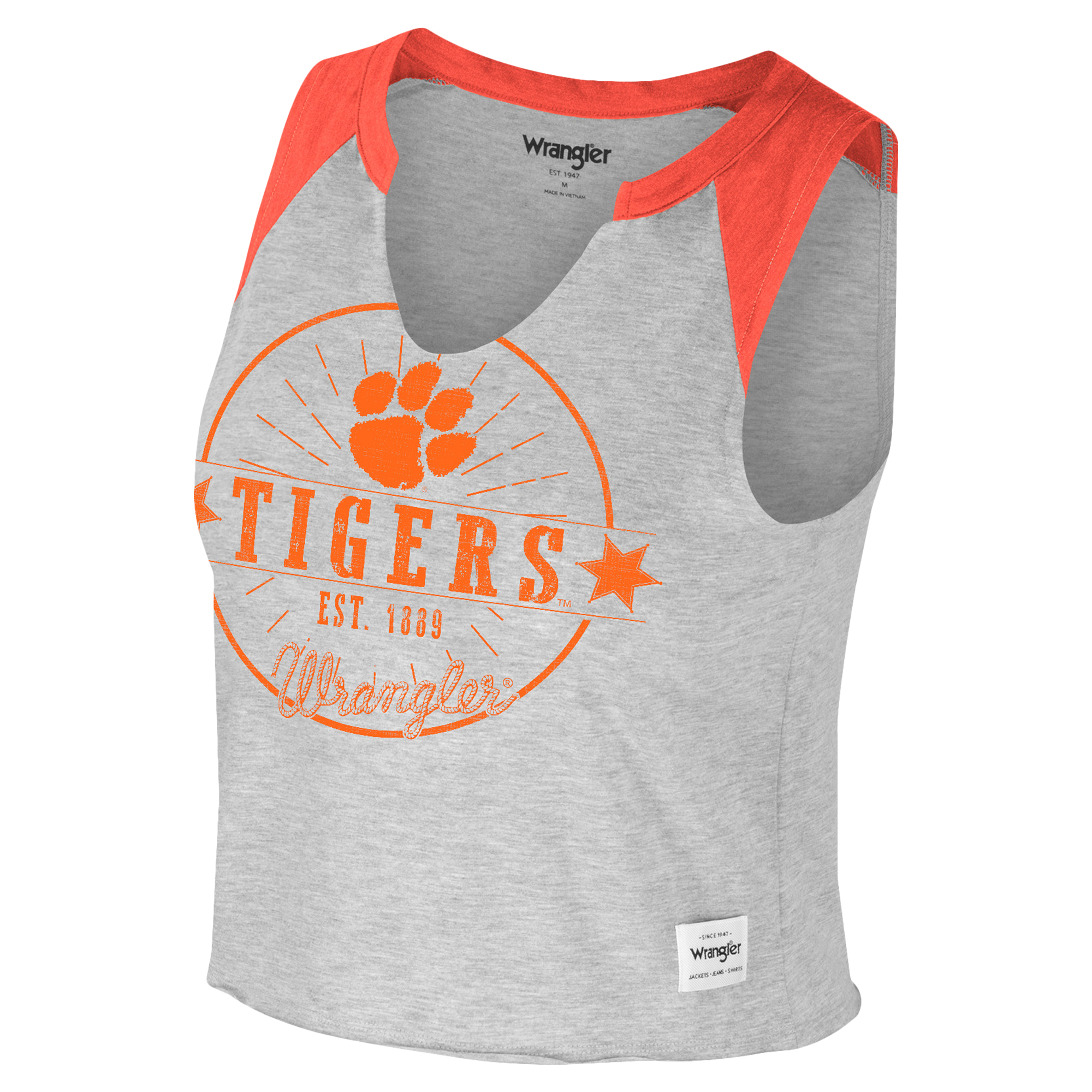 Women's Colosseum x Wrangler Heather Gray Clemson Tigers Vintage Muscle Cropped T-Shirt - Image 3
