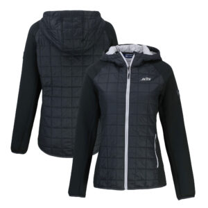Women's Cutter & Buck Black New York Jets Monochromatic Logo Rainier PrimaLoft Eco Hybrid Full-Zip Hoodie Jacket
