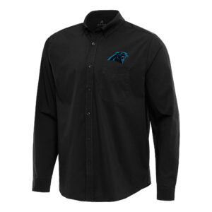 Men's Antigua Black Carolina Panthers Flight Woven Tri-Blend Long Sleeve Button-Down Shirt