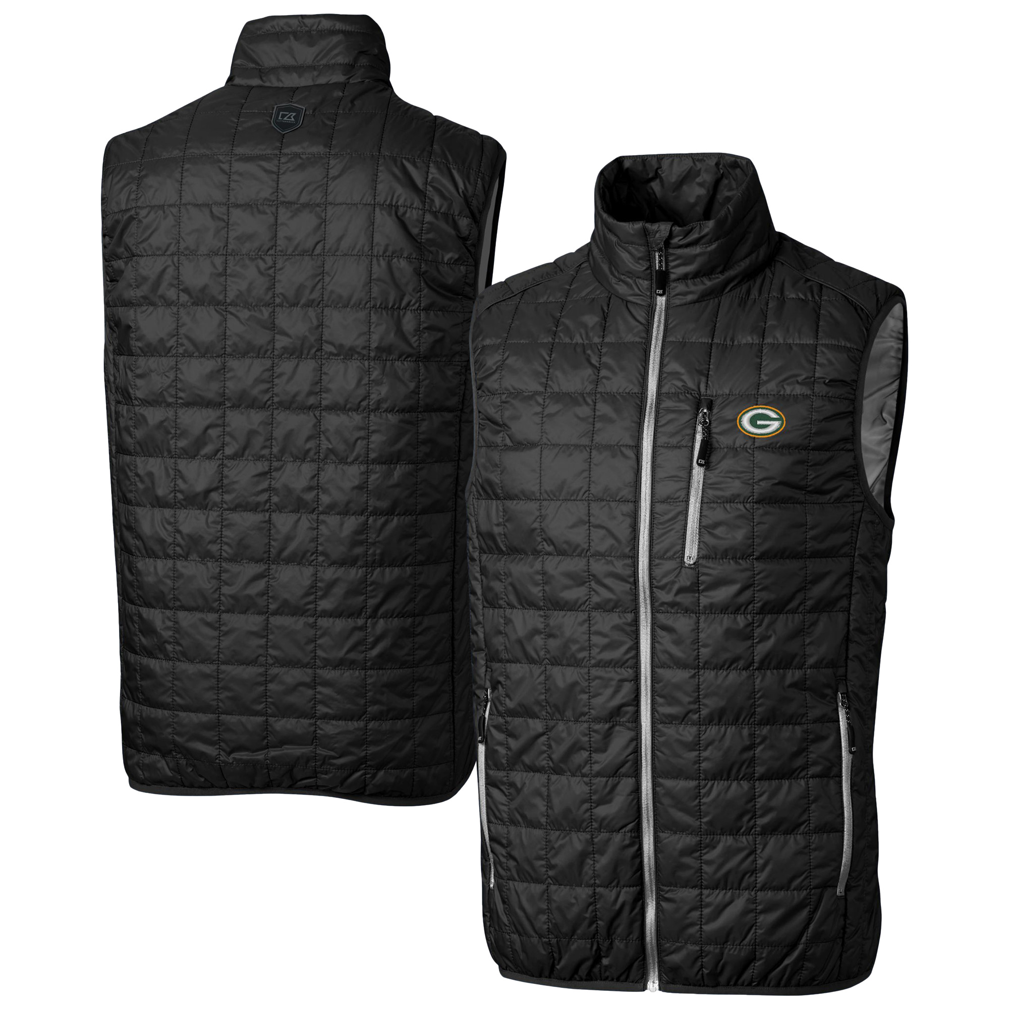 Men's Cutter & Buck Black Green Bay Packers Rainier PrimaLoft Eco Insulated Full-Zip Puffer Vest