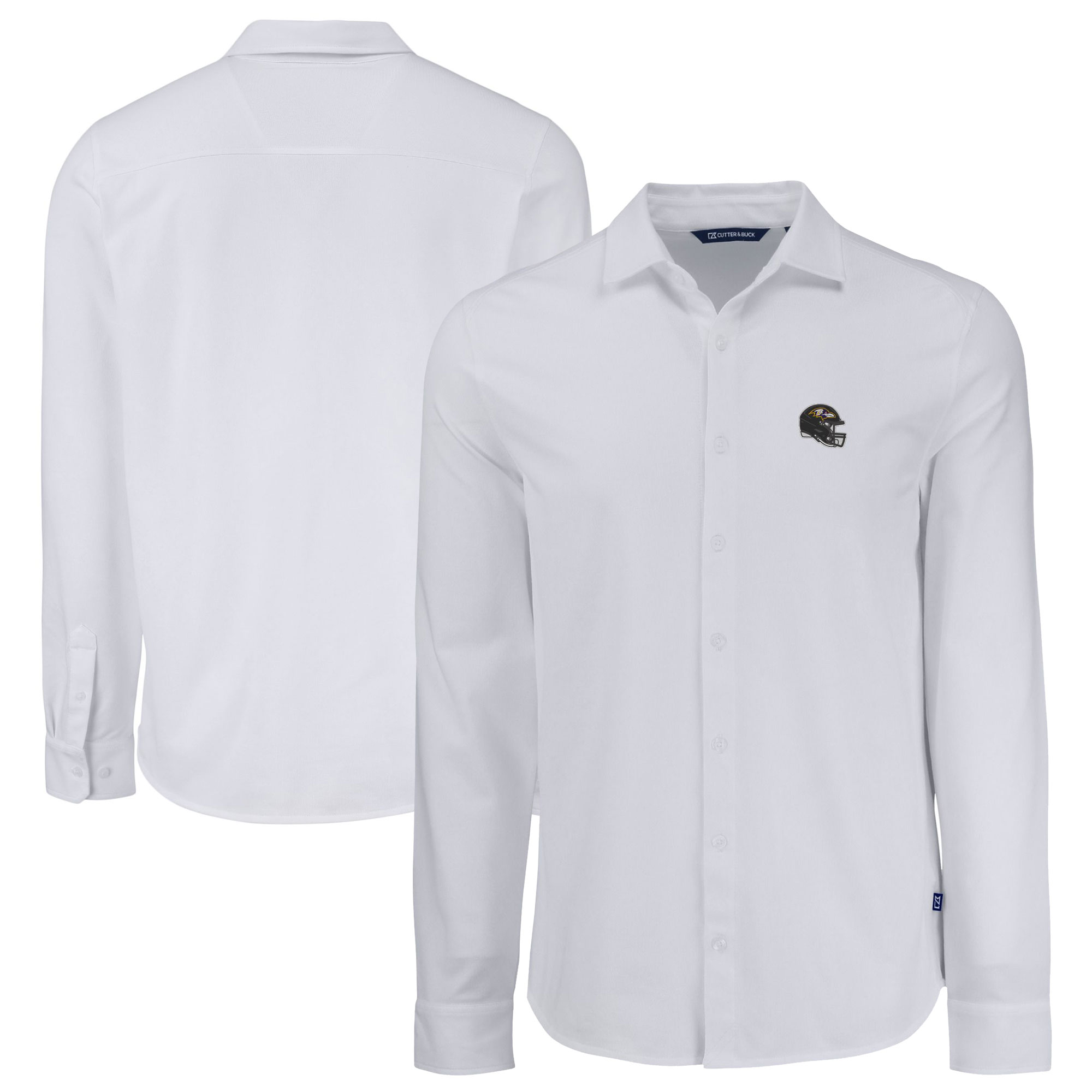 Men's Cutter & Buck White Baltimore Ravens Knitted Advantage Tri-Blend Eco Soft Pique Long Sleeve Button-Up Shirt - Image 2
