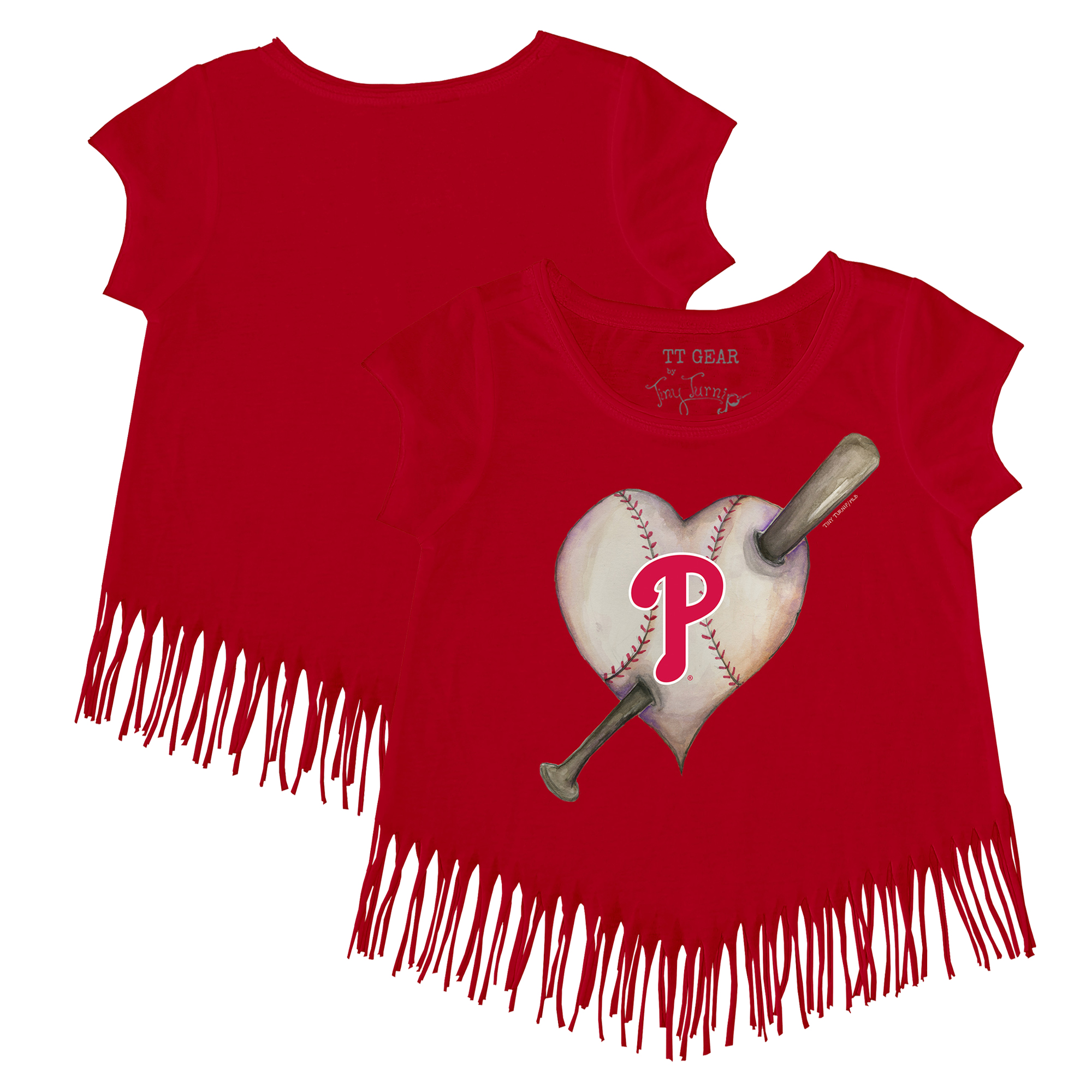 Girls Youth Tiny Turnip Red Philadelphia Phillies Heart Bat Fringe T-Shirt