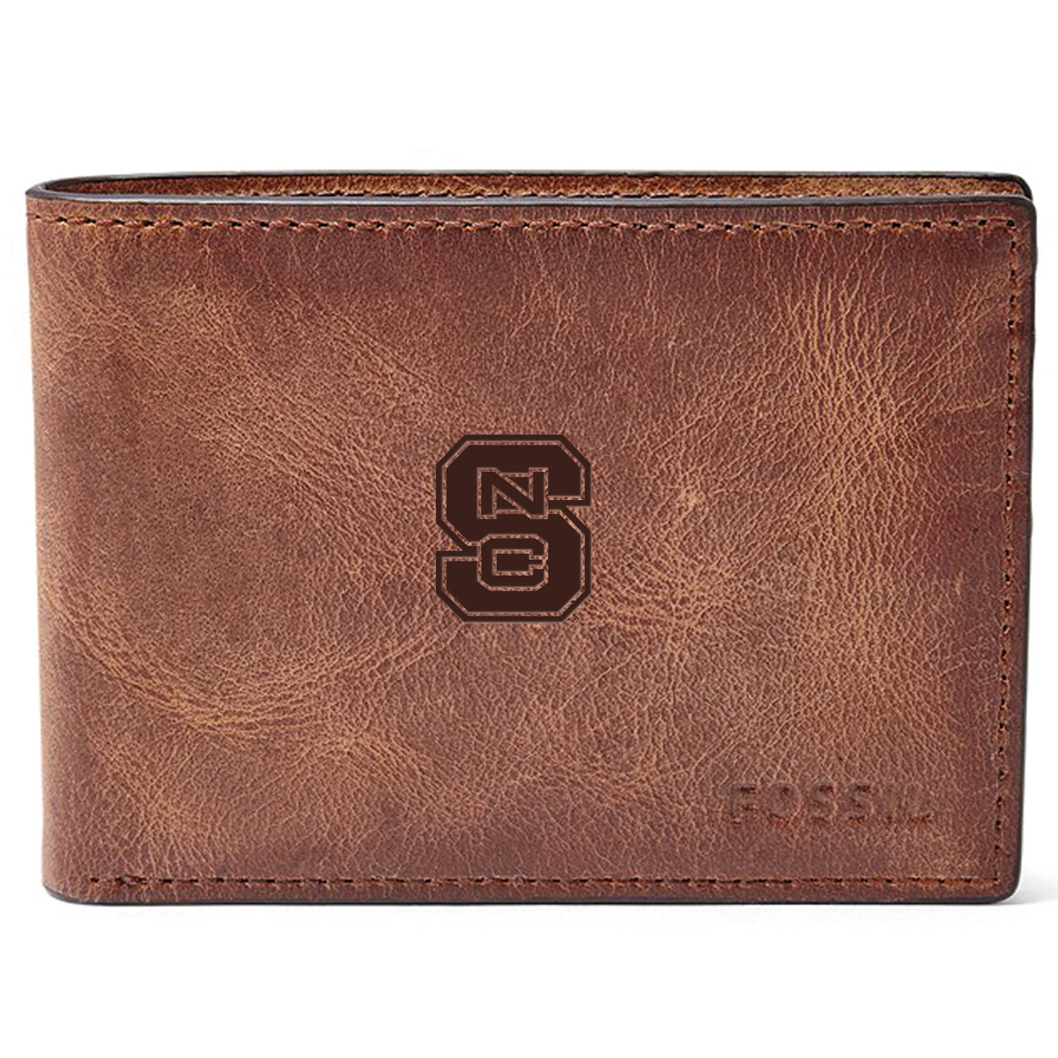 Men's Fossil Brown NC State Wolfpack Leather Derrick Front Pocket Bifold Wallet
