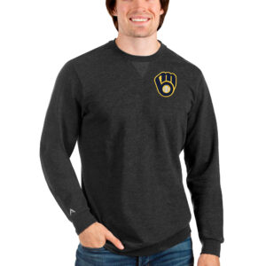 Men's Antigua Heathered Black Milwaukee Brewers Reward Crewneck Pullover Sweatshirt