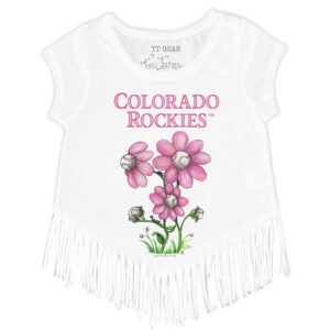 Girls Youth Tiny Turnip White Colorado Rockies Blooming Baseballs Fringe T-Shirt