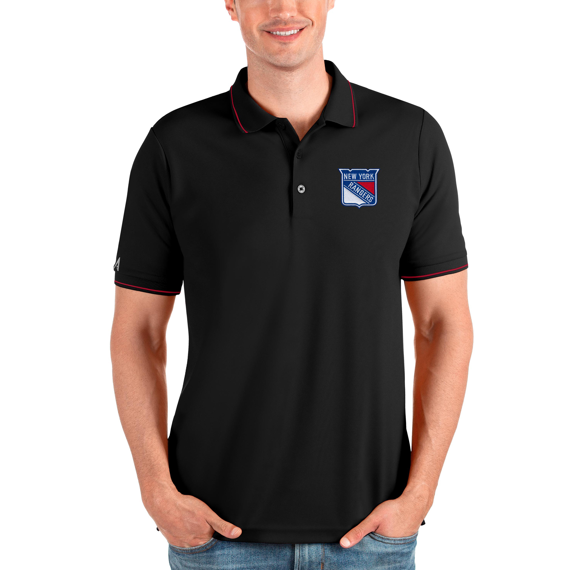 Men's Antigua Black/Red New York Rangers Affluent Polo