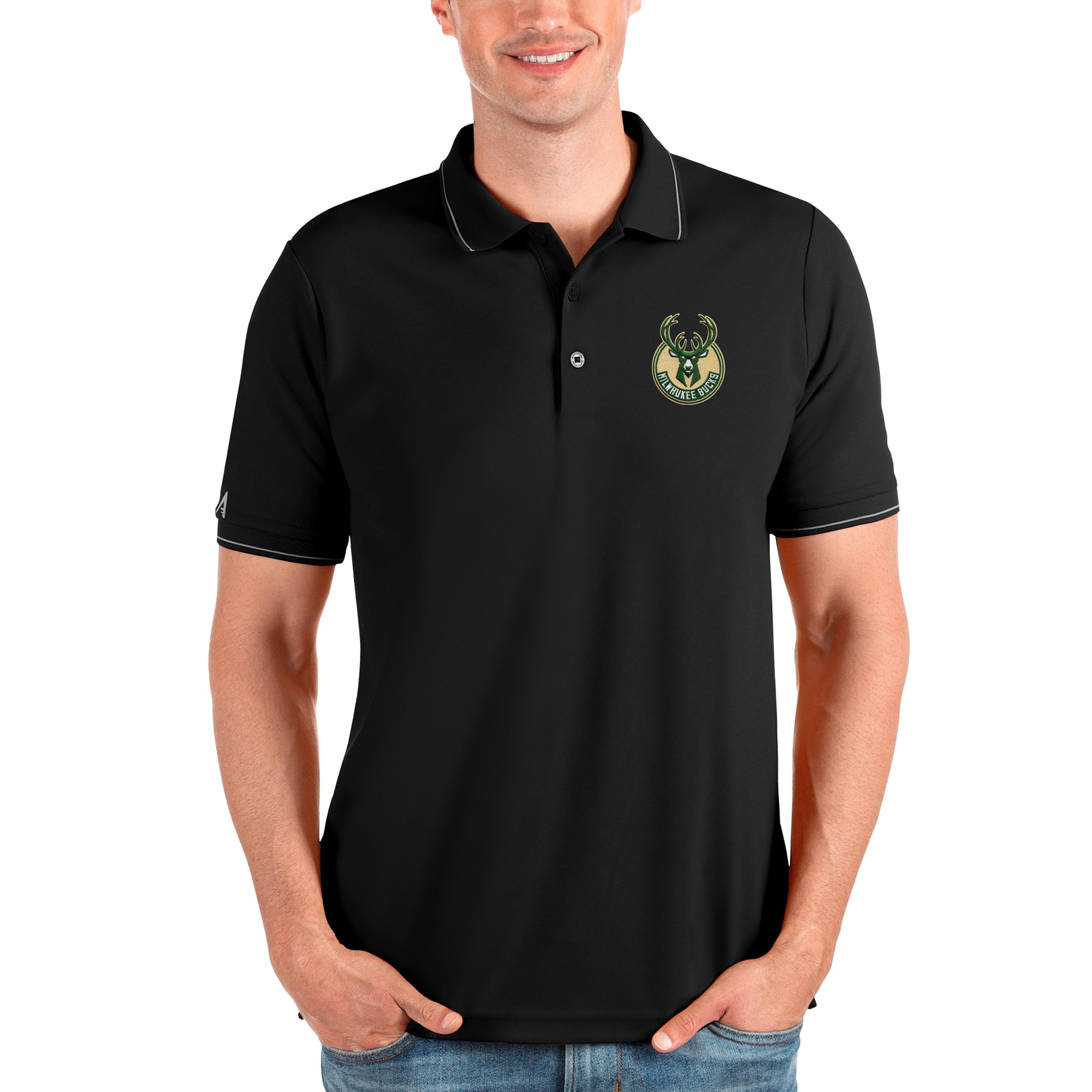 Men's Antigua Black Milwaukee Bucks Affluent Polo