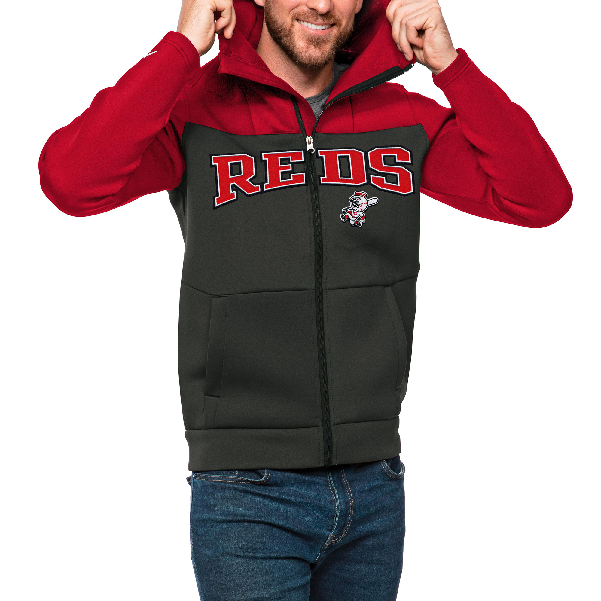 Men's Antigua Red/Charcoal Cincinnati Reds Wordmark Protect Full-Zip Hoodie