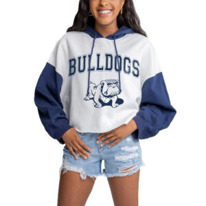 Women's Gameday Couture Navy/White Fresno State Bulldogs Good Time Colorblocked Cropped Hoodie