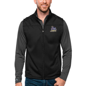 Men's Antigua Black James Madison Dukes Links Full-Zip Golf Vest