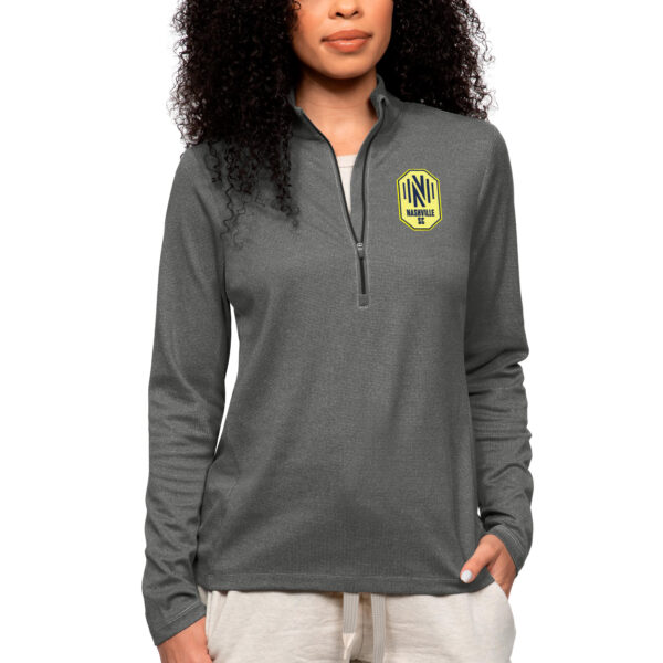 Women's Antigua Heather Charcoal Nashville SC Team Logo Epic Quarter-Zip Pullover Top
