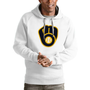 Men's Antigua White Milwaukee Brewers Victory Pullover Team Logo Hoodie