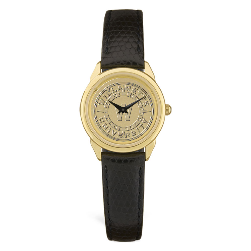 Women's Willamette Bearcats Gold Medallion Black Leather Wristwatch